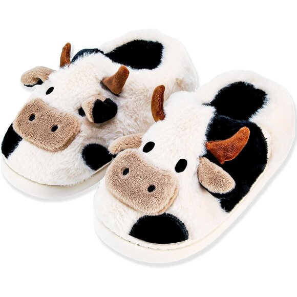 Shoes - Cow Slippers for Women Men Faux Fur Cozy Fluffy Indoor Outdoor House Shoes